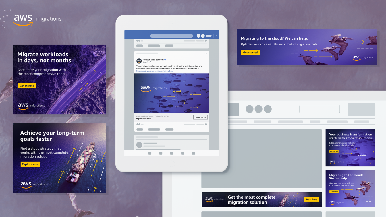 AWS Migrations digital ad examples showing cloud migration messages across web and social layouts