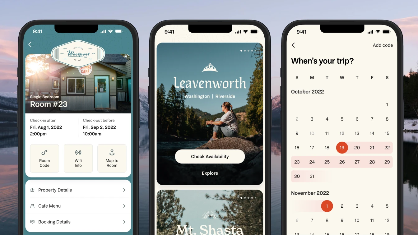 Three smartphone screens displaying different aspects of booking a room on the mobile app for LOGE Camps. The background of the image showcases a serene lake with mountains.