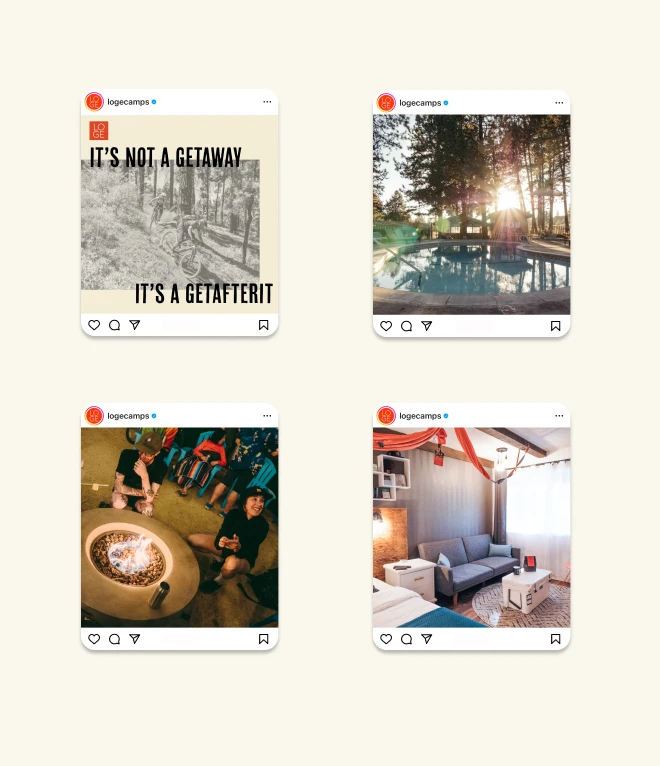 Four Instagram posts from the account "logecamps" against a light beige background. The top left post features a scenic outdoor setting with trees and a path, with bold text reading "IT'S NOT A GETAWAY" and "IT'S A GETAFTERIT." The top right post showcases a serene pool area surrounded by trees, with the sun shining through the branches. The bottom left post depicts people sitting around a fire pit, enjoying their time together outdoors. The bottom right post shows the interior of a cozy room with a couch, a small table, and colorful decorations. Each post has the "logecamps" username and profile picture at the top, along with icons for likes, comments, and shares at the bottom.