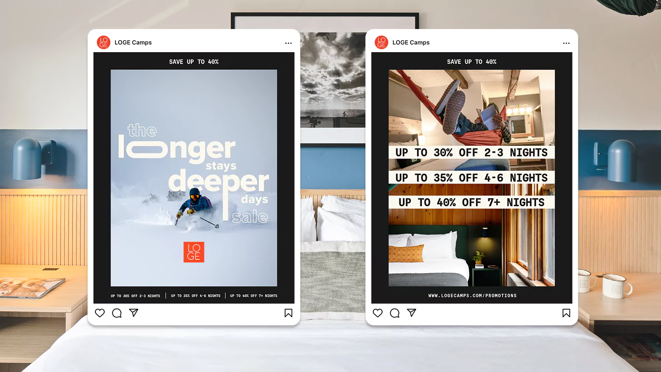 LOGE Camps' winter sale offers up to 40% off stays, with a skier in powder and cozy lodge imagery.