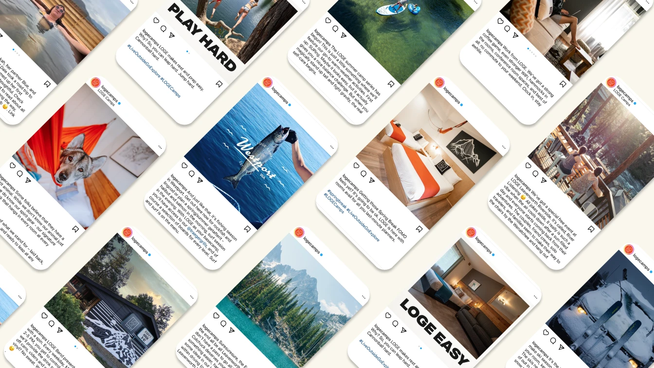 A collage of Instagram posts showcasing various outdoor and lodging experiences. The images feature activities such as paddleboarding, fishing, and relaxing in a hammock, alongside cozy room interiors and scenic views of nature. The posts are from LOGE Camps, promoting their adventure-filled stays and comfortable accommodations, encouraging followers to explore and enjoy the great outdoors.