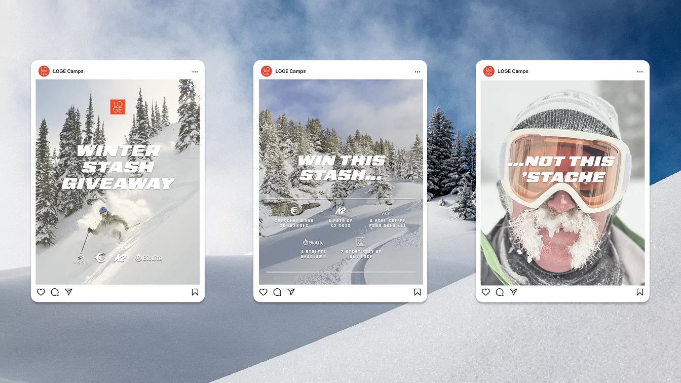 Three Instagram-style posts from LOGE Camps promoting a 'Winter Stash Giveaway,' featuring skiing, snowy landscapes, and a humorous frozen mustache image.