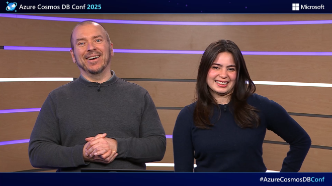 Hosts on set presenting Azure Cosmos DB Conf 2025 with branded backdrop and lighting
