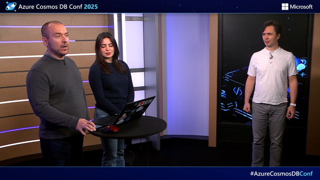 Three presenters on set during a live session at Azure Cosmos DB Conf 2025