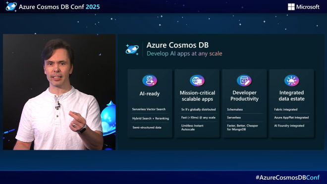 Presenter highlighting Azure Cosmos DB features like AI and scalability on slide