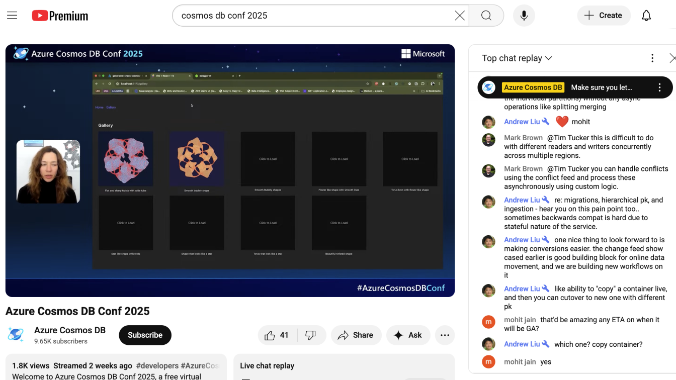 YouTube stream of Azure Cosmos DB Conf 2025 with speaker and interactive gallery