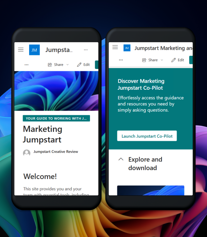 Two mobile screens showing the Marketing Jumpstart SharePoint site and Co-Pilot tool