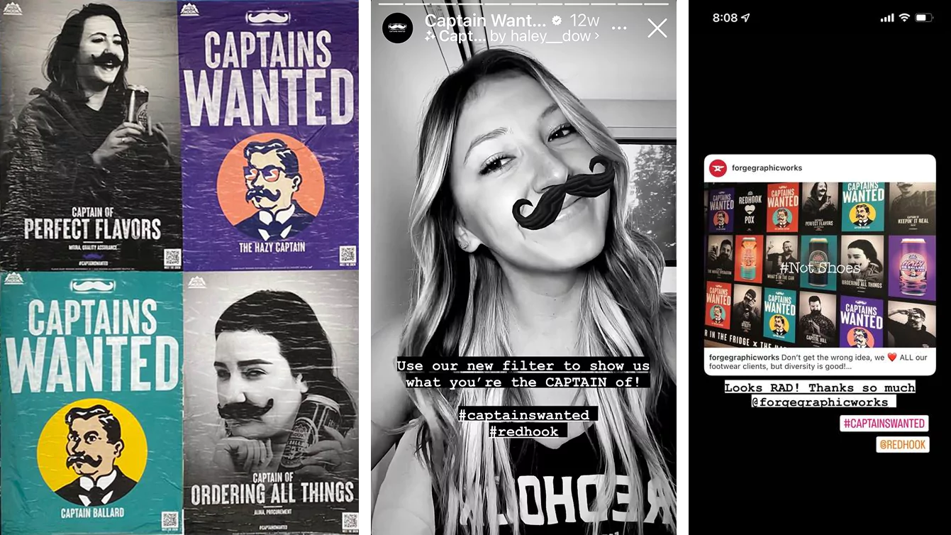 Collage of 'Captains Wanted' campaign posters featuring vintage-style portraits with mustaches, a social media filter, and user-generated content.