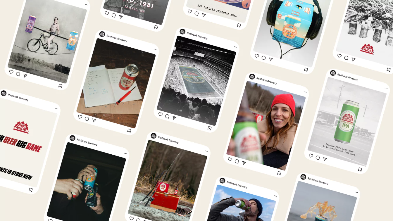 A collage of Redhook Brewery Instagram posts featuring beer cans, outdoor adventures, and sports-themed imagery.