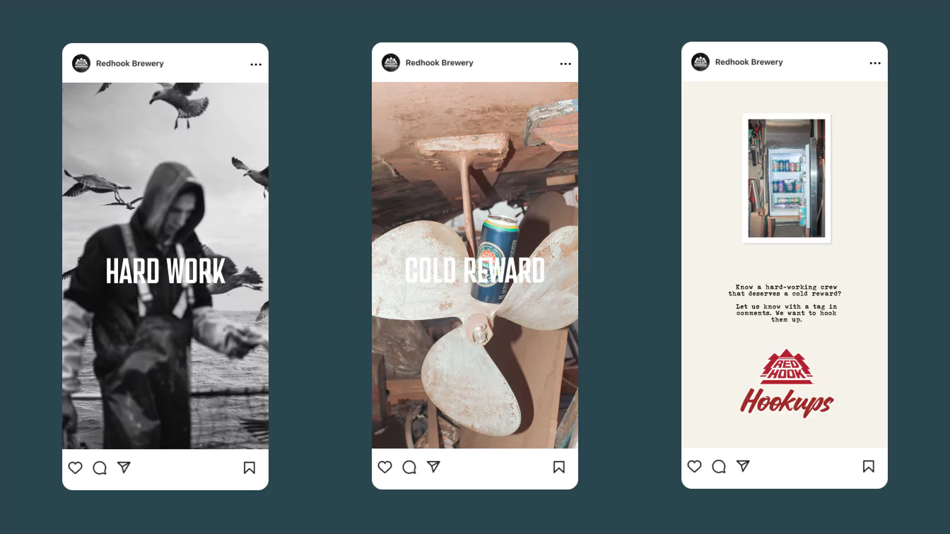 Three Redhook Brewery Instagram posts emphasizing "Hard Work" and "Cold Reward," featuring workers and beer cans.
