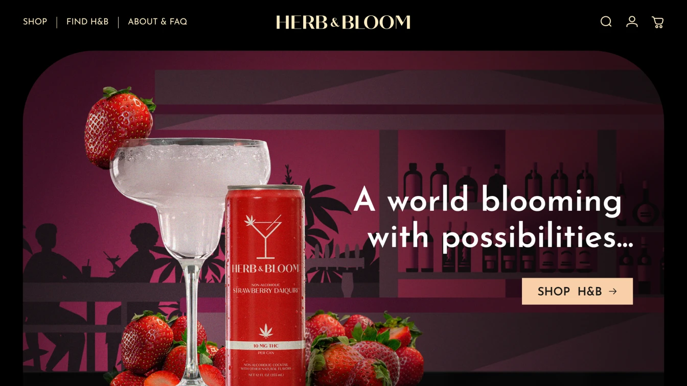 Herb & Bloom Strawberry Daiquiri can with cocktail glass and fresh strawberries on a bar-themed pink background