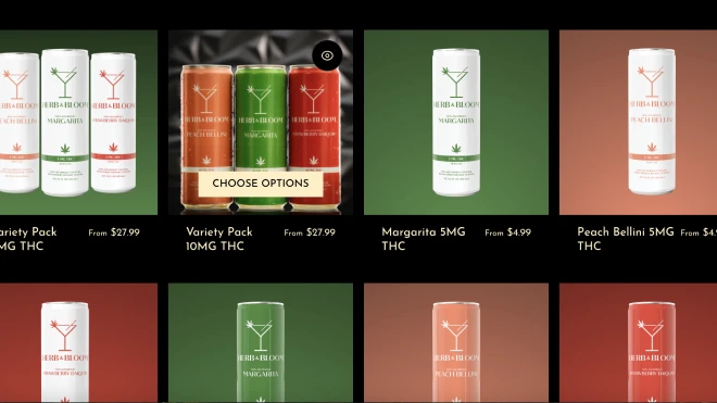 Assorted Herb & Bloom cannabis beverages, including 5MG and 10MG THC options in variety packs and single flavors