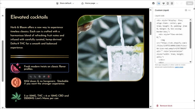 Drink being poured into an ice-filled cocktail glass with a salted rim, shown with icons highlighting Herb & Bloom features