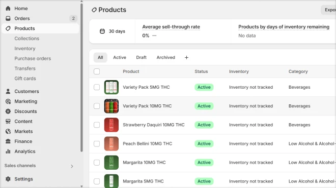 Admin view of Herb & Bloom product listings, including THC drink packs and flavors with inventory status
