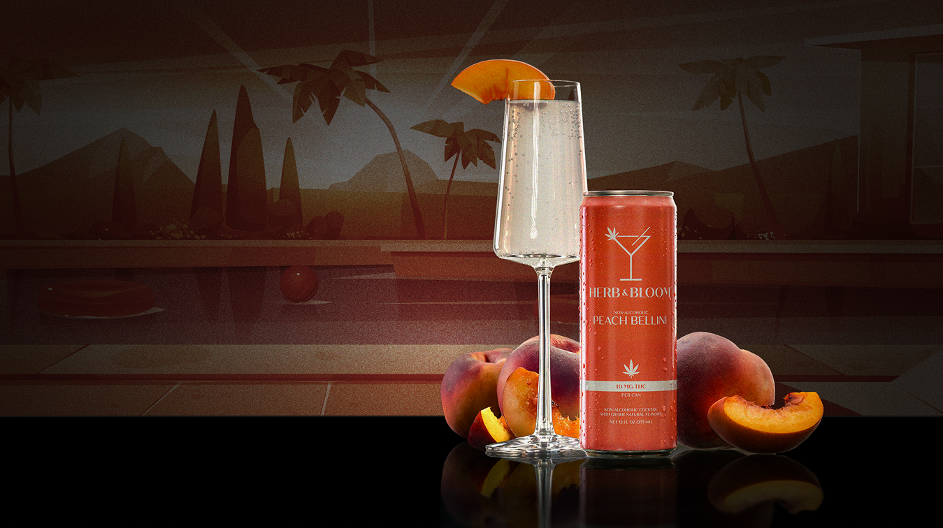 Green Herb & Bloom THC Margarita can with a chilled cocktail glass and limes, on a black surface with bar silhouettes