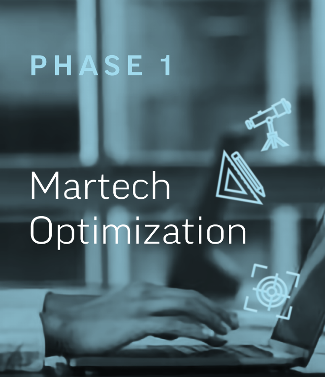 Phase 1: Martech Optimization. A person typing on a laptop with technology-themed icons, including a telescope, triangle ruler, and targeting symbol