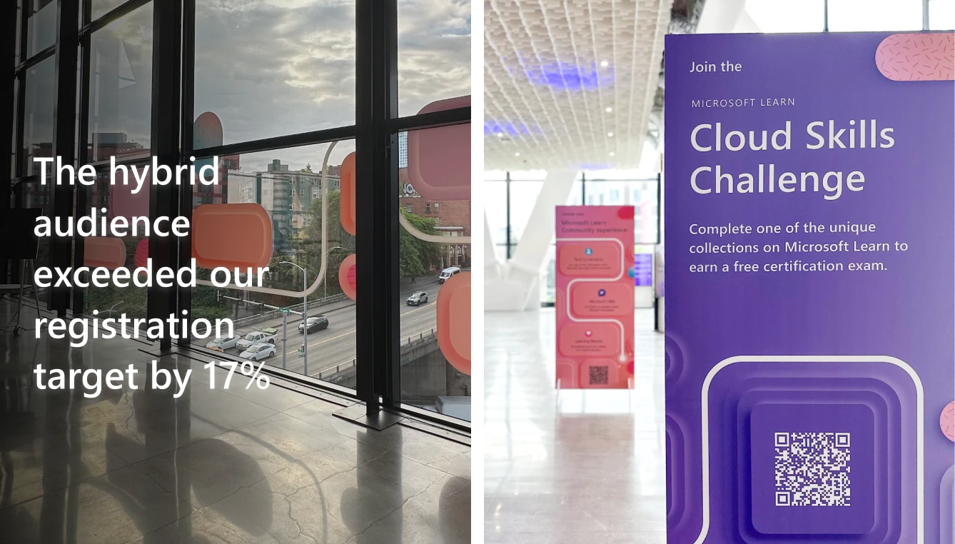 A split image showcasing two scenes from a Microsoft event. Both scenes emphasize innovation, learning, and collaboration at the event and feature Microsoft Learn and Intel.
