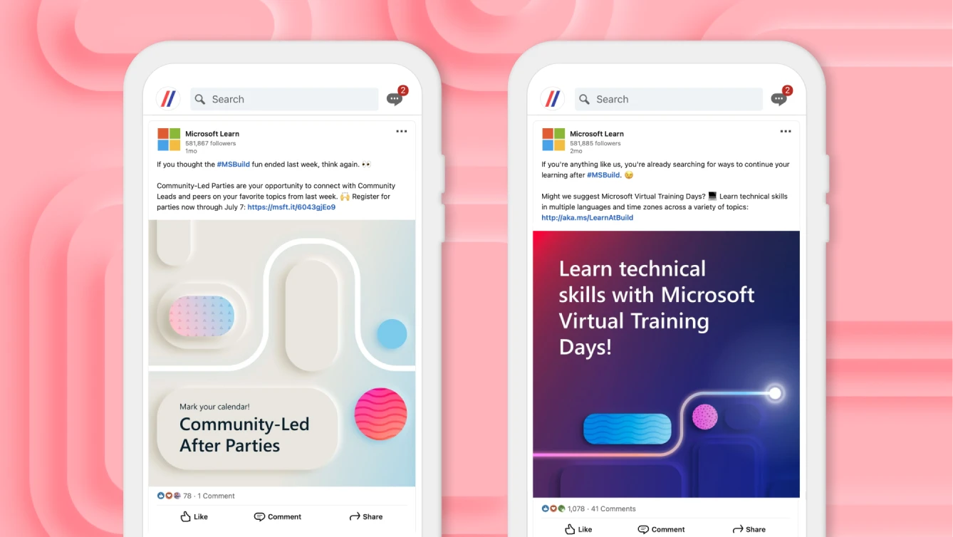 Two mobile phone screens displaying Microsoft Learn social media posts. The pink background and soft pastel and blue colors feature abstract patterns.