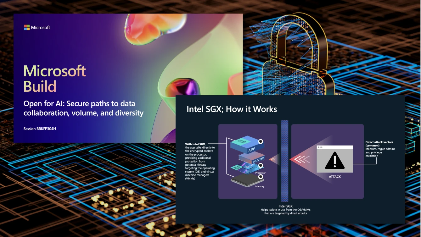 Promotion for a Microsoft Build session in partnership with Intel SGX with a circuit board in the background. Overall theme is AI and security.