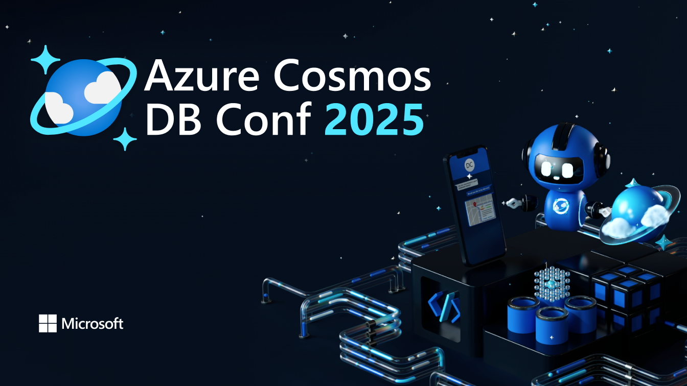 Branding image for Microsoft’s Azure Cosmos DB Conf 2025 with stylized robot and database elements