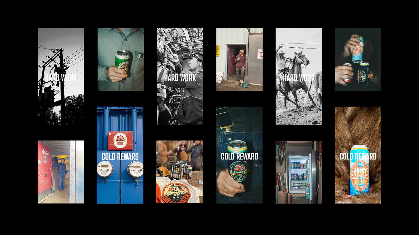 Collage of Redhook Brewery-themed images, showing workers, beer cans, and the phrases "Hard Work" and "Cold Reward."