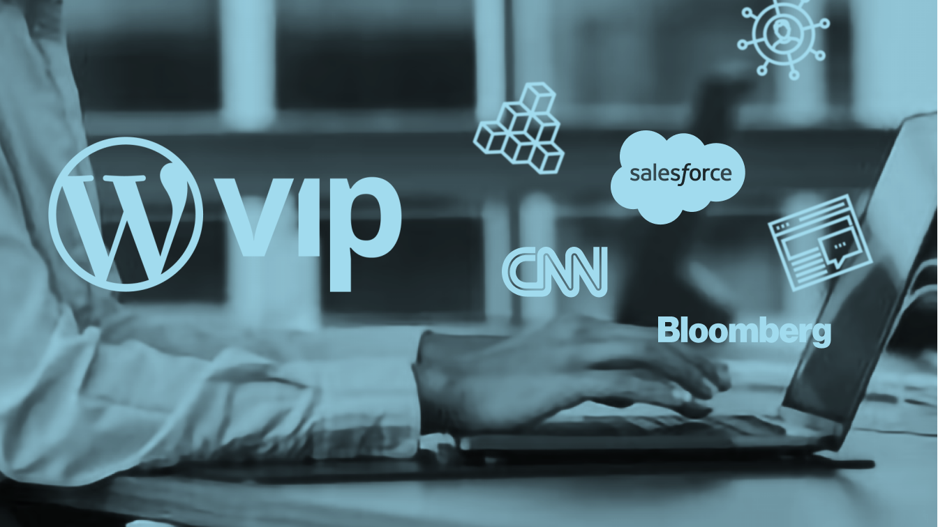 A professional typing on a laptop with the WordPress VIP logo and client brands like Salesforce, CNN, and Bloomberg overlaid